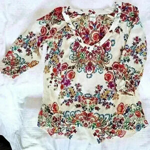 Bila V-Neck 3/4 Sleeve Floral Bohemian Blouse, Cream/Multi, Size Small